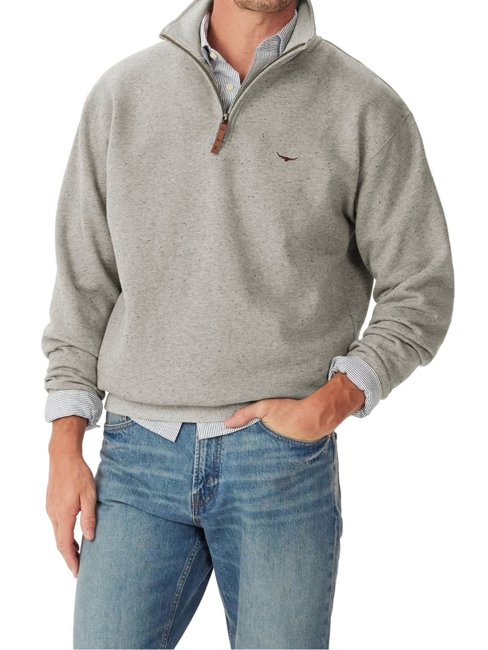 R.M. Williams Gray Marle Quarter Zip Cotton Sweatshirt Leather Pull L